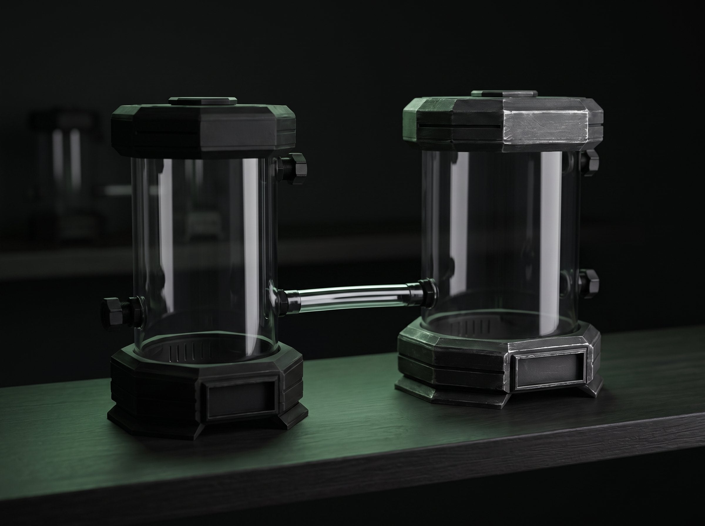 Two Species Pods connected by an expansion tube on a dark display shelf